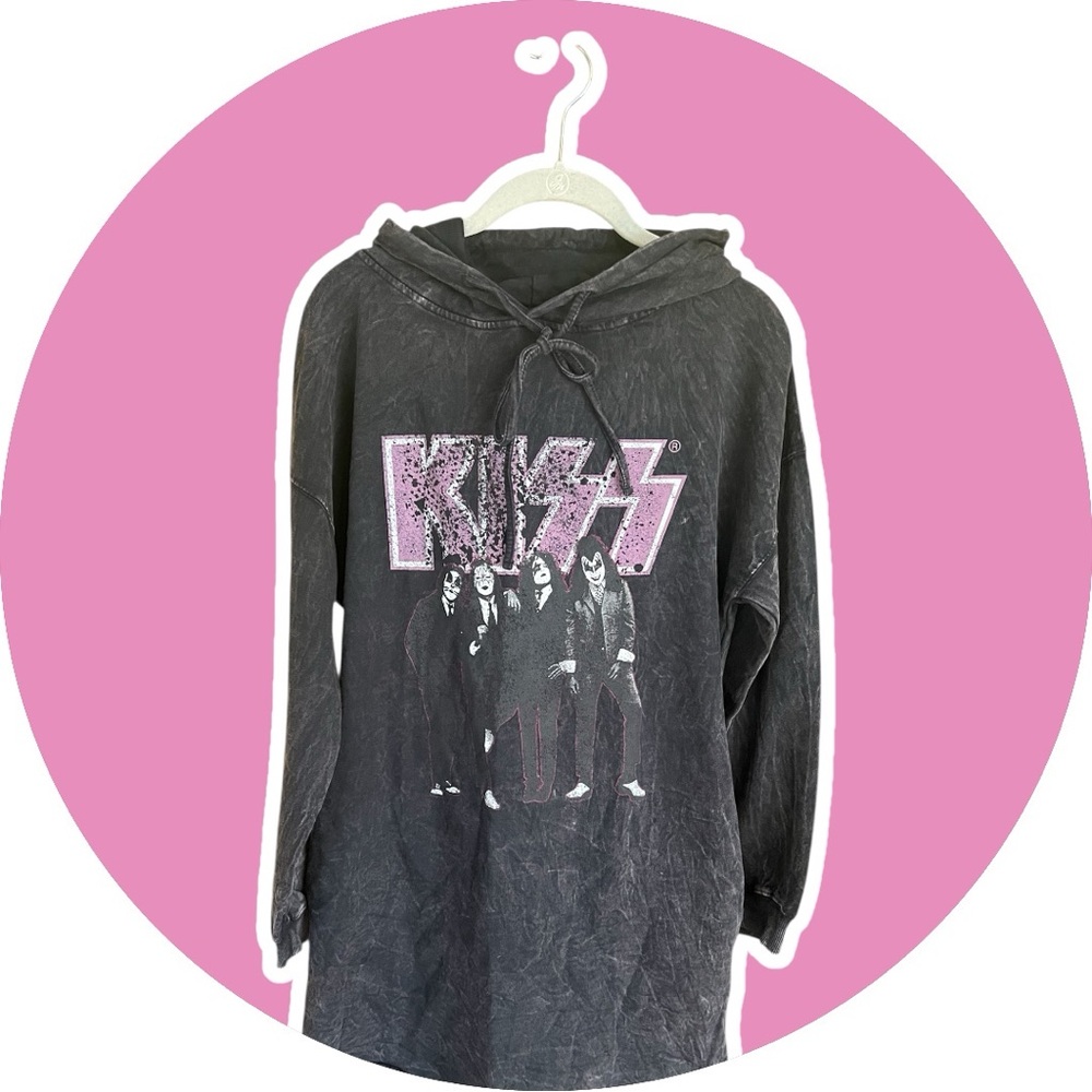 Vintage Canvas KISS Mineral Wash Graphic Hoodie Dress